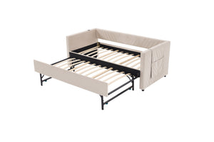 English Elm Twin Velvet Upholstered Daybed with Trundle, V-Pattern Backrest, USB Port, Side Pockets, Sturdy Design Beige W1361S00041
