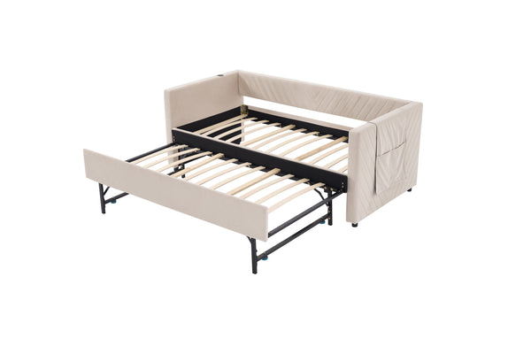 English Elm Twin Velvet Upholstered Daybed with Trundle, V-Pattern Backrest, USB Port, Side Pockets, Sturdy Design Beige W1361S00041