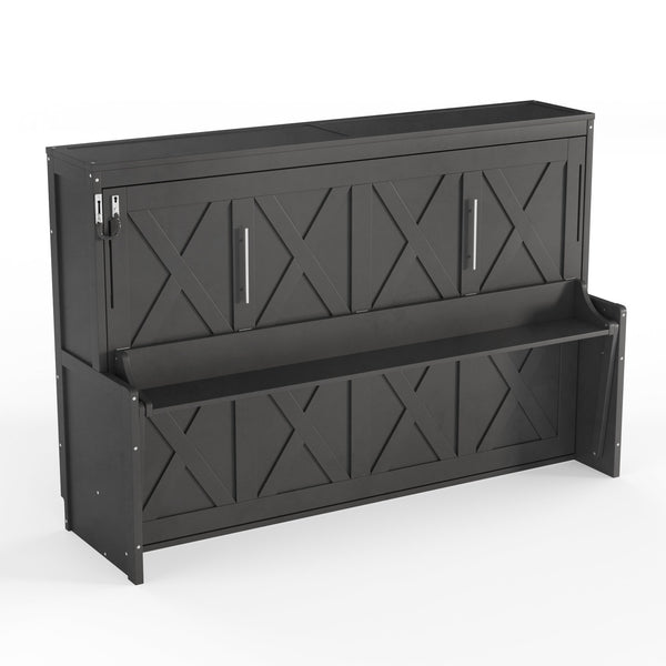 English Elm Full Murphy Bed with Fold Down Desk Led Lighting and Usb Port for Studio Spaces Dark Gray W1580S00455