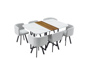 English Elm 7-piece Melamine Dining Set with Pu Cushioned Chairs and Iron Frame for Small Spaces W3875S00023