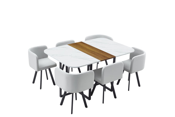 English Elm 7-piece Melamine Dining Set with Pu Cushioned Chairs and Iron Frame for Small Spaces W3875S00023