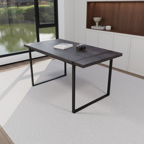 English Elm 59" Industrial Dining Set with Suede Chairs Matte Metal Base Mdf Table Seats Four Black+ Gray W2189S00817
