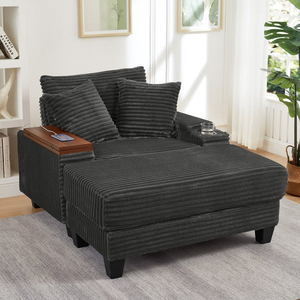 English Elm Fluffy Corduroy Single Sofa with Ottoman Bluetooth Speaker Usb Port and Rotating Tray W3705P476390