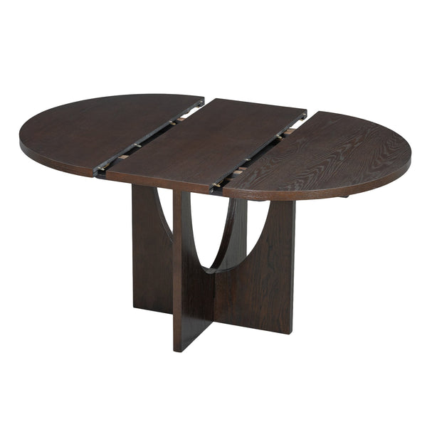 English Elm Topmax Extendable Round Dining Set with Linen Chairs and Pedestal Base Seats Five Espresso N717S000062P