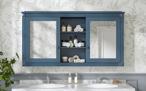 English Elm 55 Inch Wall Mount Medicine Cabinet Dual Mirrored Doors Soft Close Bathroom Vanity Storage Blue N710P401342C