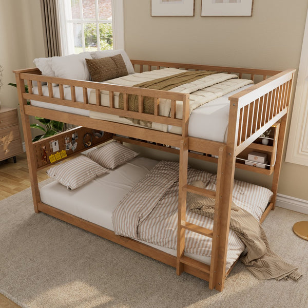 English Elm Full Over Bunk Bed with Led Lighting Pegboard Shelving and Pine Wood Frame Brown LT000278AAP