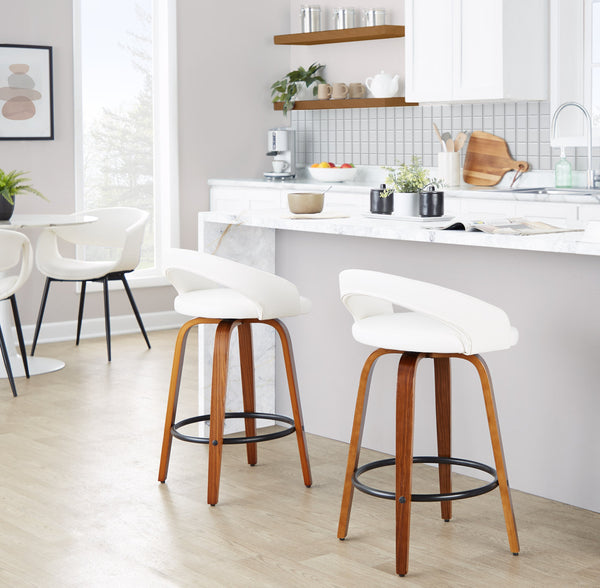 English Elm Fixed-height Swivel Counterstools Mahogany Wood Chrome Footrest Velvet Seat Set of 2 White B202S01776