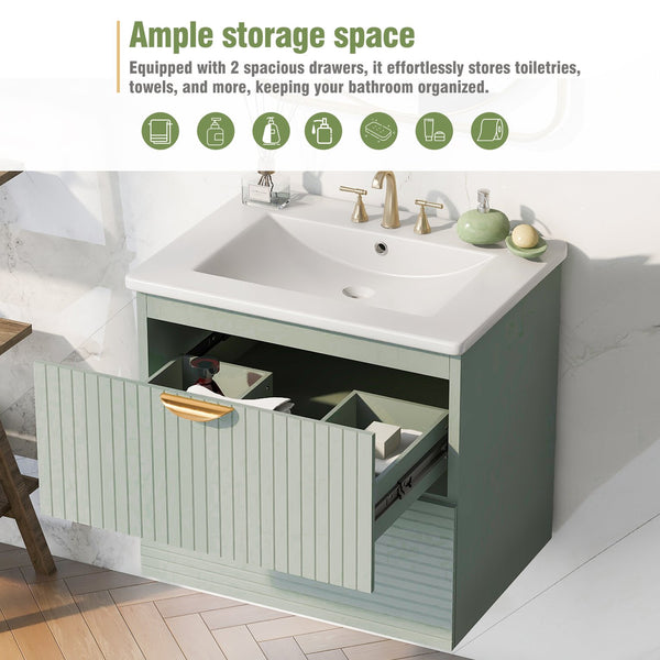 English Elm Modern 24-Inch Wall-Mounted Bathroom Vanity with 2 Drawers, Gold Handles, Space-Saving Luxury Green WF324047AAF
