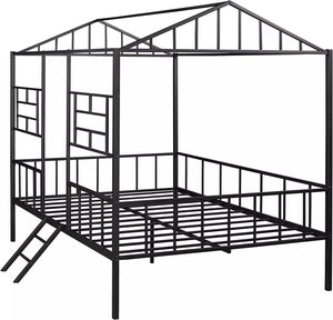English Elm Black Twin Loft Bed with House-Style Gable, Full Metal Frame, Angled Ladder, Modern Kids Bunk Black 15 L x 78 W x 7 H B2741P347293