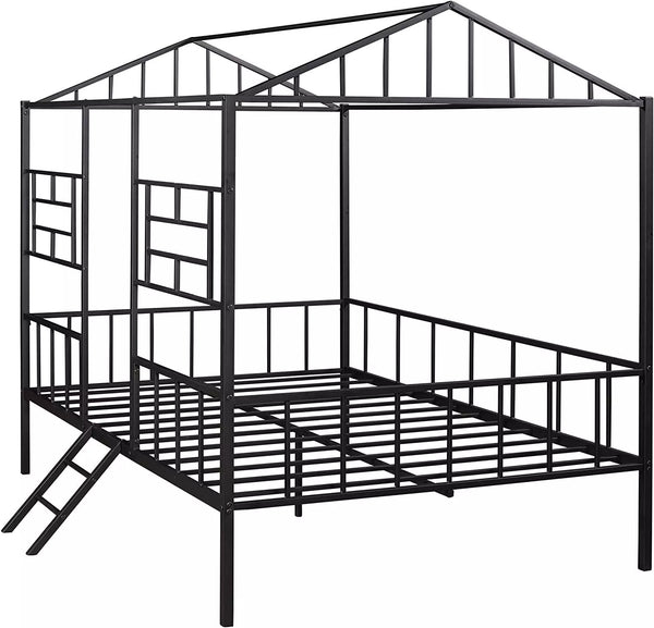 English Elm Black Twin Loft Bed with House-Style Gable, Full Metal Frame, Angled Ladder, Modern Kids Bunk Black 15 L x 78 W x 7 H B2741P347293