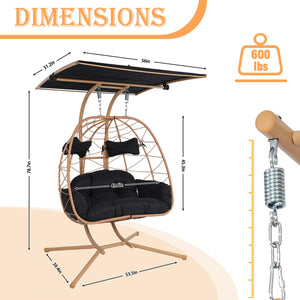 English Elm 2-person Pe Rattan Hanging Egg Chair with Canopy Steel Stand Outdoor Patio Swing T5880P502247
