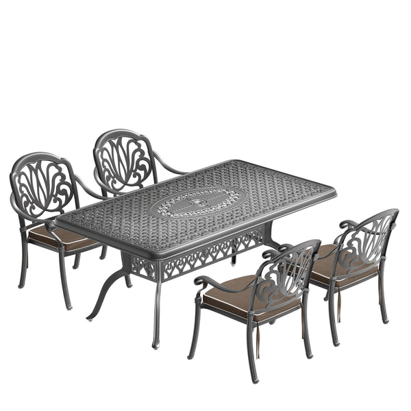 English Elm 5-Piece Cast Aluminum Patio Furniture Set With Stylish Black Frame And Brown Cushions For 4 W1710S00097