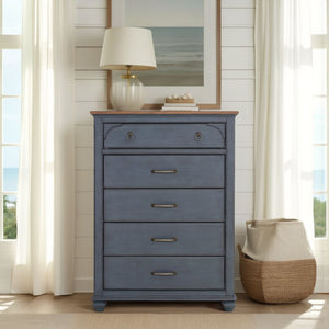 English Elm 5-Drawer Coastal Chest in Corduroy Blue Finish with Felt-Lined Top Drawer & Antique Pewter Hardware B108P193085