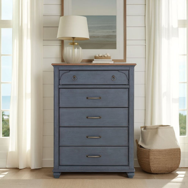 English Elm 5-Drawer Coastal Chest in Corduroy Blue Finish with Felt-Lined Top Drawer & Antique Pewter Hardware B108P193085