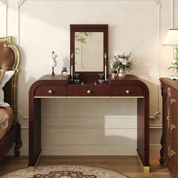 English Elm Classic Flip Top Vanity Desk with Gold Accents 2 Drawer Retro Bedroom Dressing Table Espresso N704P381406P