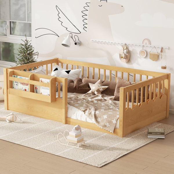 English Elm Twin Low Profile Kids Floor Bed Pine Wood Frame with Safety Rail and Built in Bookshelf Natural W1580P373137