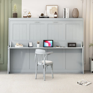 English Elm Queen Size Murphy Bed With Hydraulic Lift & Integrated Desk - Space-Saving Gray Design For Versatile Living N820S00033E-GIGA