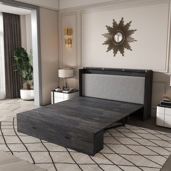 English Elm 57 Inch Murphy Bed Cabinet with Storage Drawers Charging Station and Rolling Casters Carbon Black W509S00157