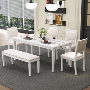 English Elm Trexm Rustic Farmhouse Extendable Dining Set Six Piece with Bench Distressed Wood Beige,White Washed ST000151AAE