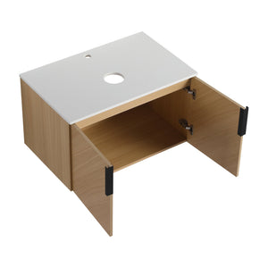 English Elm 30" Wall-Mounted Vanity with Artificial Stone Top, Oak Finish, Soft-Close Doors, Metal Handles, KD-pack W999P373489