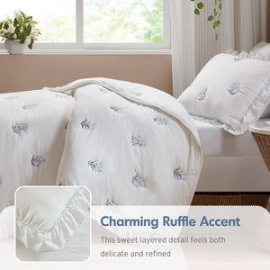 English Elm 2-piece Floral Embroidered Twin Quilt Set Romantic Ruffled Border Soft Down Alternative Fill White+Blue B035P463189