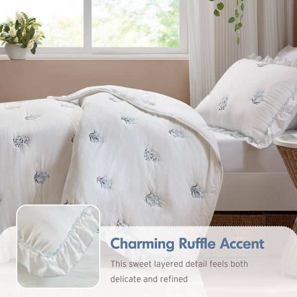 English Elm 2-piece Floral Embroidered Twin Quilt Set Romantic Ruffled Border Soft Down Alternative Fill White+Blue B035P463189