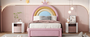 English Elm Twin Velvet Rainbow Bed with Storage Drawer — Pink Upholstered Platform, No Box Spring Needed, Cute N733P234606H