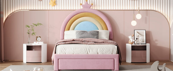English Elm Twin Velvet Rainbow Bed with Storage Drawer — Pink Upholstered Platform, No Box Spring Needed, Cute N733P234606H