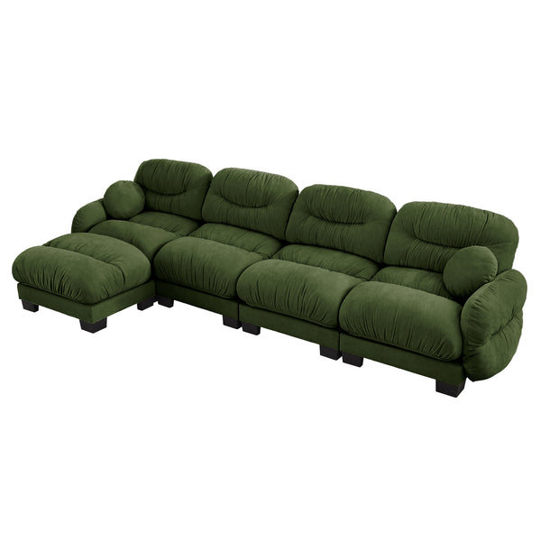 English Elm Pleated Chenille Sectional Sofa with Ottoman Ergonomic Foam Curved Armrests Living Room Green W5656S00053