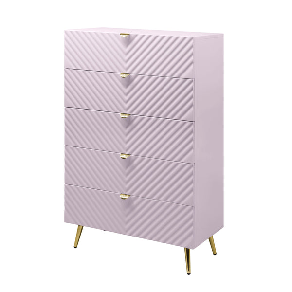 English Elm Gaines High Gloss Chest with Wave Pattern Design, Metal Legs, 5 Drawers, Durable Composite MDF Storage Pink 31 L x 15 W x 5 H B2726S00400