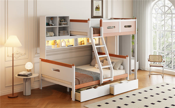 English Elm Twin Over Full Wooden Bunk Bed With Stylish Storage, Led Light, Drawers, And Wardrobe In White & Orange N820S00063K-GIGA
