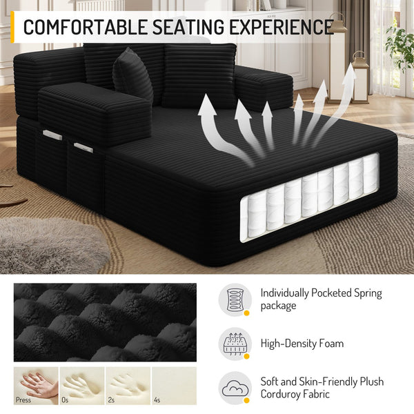 English Elm Luxurious Corduroy Convertible Chaise Lounge Sofa Bed with Foam Support for Apartments Black W3219P449015