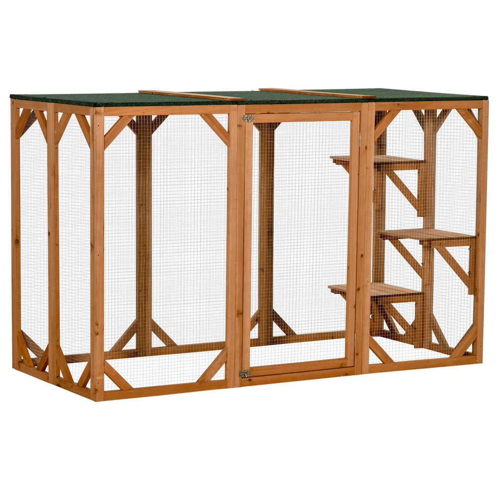 English Elm Pawhut Wooden Outdoor Catio Enclosure with Mesh Walls Climbing Platforms Asphalt Roof W2225P173769