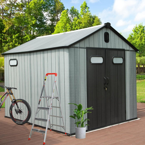 English Elm 8x12ft Outdoor Resin Shed Wood Grain Panels Lockable Weatherproof Backyard Storage W1859S00131