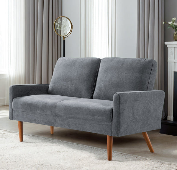 English Elm Velvet Upholstered Two Seat Loveseat with Tapered Wood Legs Mid Century European Style Grey B2735P291961