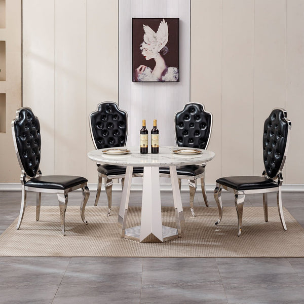 English Elm 47" Round Marble Dining Table - Modern High-Gloss Faux Marble Top With Stainless Steel Base For Style W3456S00007