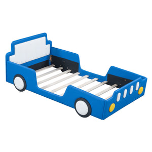 English Elm Twin Race Car-Shaped Platform Bed with Safety Rails and Sturdy Slats for Kids’ Room Comfort Blue SF000127AAC