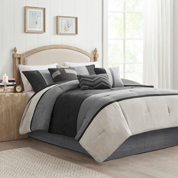 English Elm 7 Piece Faux Suede Comforter Set - Elegant Black Queen Bedding With Hypoallergenic Fill & Versatile Style B03597215
