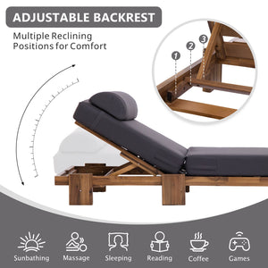 English Elm U_style Acacia Wood Outdoor Chaise Lounge with Retractable Tray and Padded Headrest Dark Gray WY000473AAE
