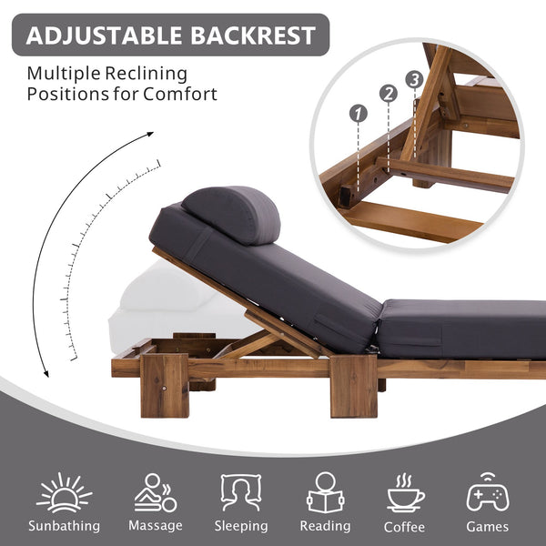 English Elm U_style Acacia Wood Outdoor Chaise Lounge with Retractable Tray and Padded Headrest Dark Gray WY000473AAE
