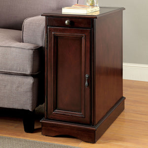 English Elm Transitional Side Table with Built-In USB & Power Dock, Pull-Out Cup Holder and Spacious Cabinet Storage Cherry 15 L x 27 W x 26 H B2741P341685