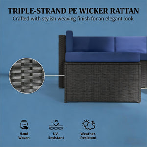 English Elm Comfortable Outdoor 3 Piece Pe Wicker Patio Set with Chaise Sofa and Glass Table Dark Brown,Navy Blue T3971S00210