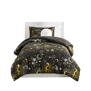 JLA Home Mi Zone Kids - Starry metallic star-and-moon comforter set with embroidered throw pillow, antimicrobial protection and cozy lightweight fill for girl's bedroom ambiance Charcoal/Gold MZK10-271