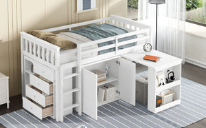 English Elm Twin Loft Bed With Integrated Storage, Pull-Out Desk & Safety Guardrail For Space-Saving Solutions W504S00210-GIGA