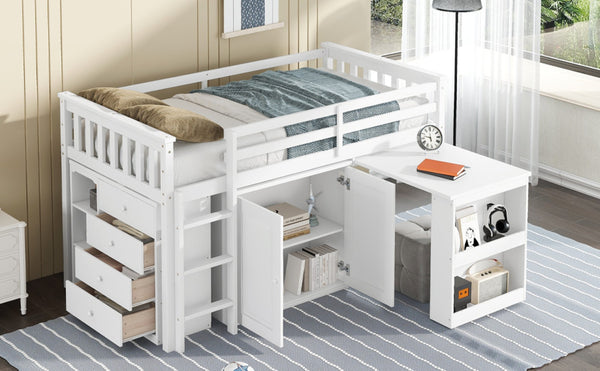 English Elm Twin Loft Bed With Integrated Storage, Pull-Out Desk & Safety Guardrail For Space-Saving Solutions W504S00210-GIGA