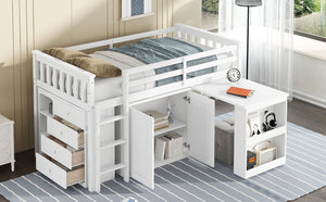 English Elm Twin Loft Bed Rubberwood Frame Pull Out Desk Storage Cabinet and Shelf Kids Room White W504S00288