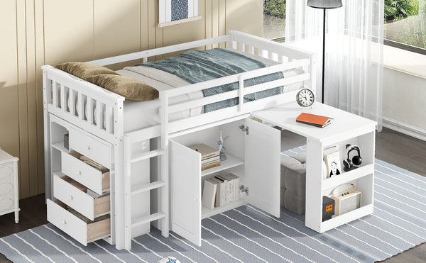 English Elm Twin Loft Bed Rubberwood Frame Pull Out Desk Storage Cabinet and Shelf Kids Room White W504S00288