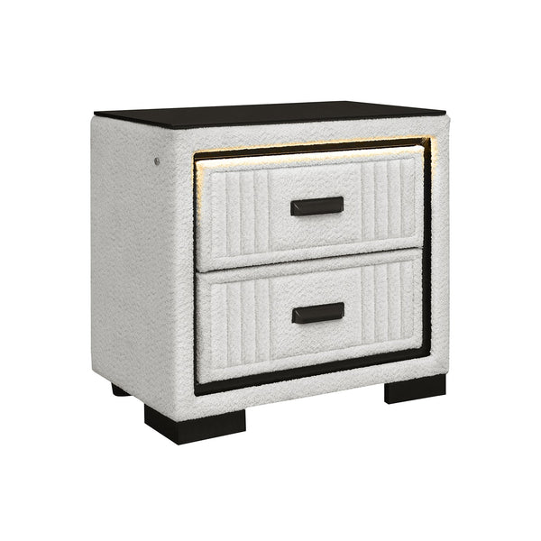 English Elm Isaiah Upholstered White & Black Nightstand with LED Light, Spacious Drawers, Block Feet, Sturdy Build B201P391222