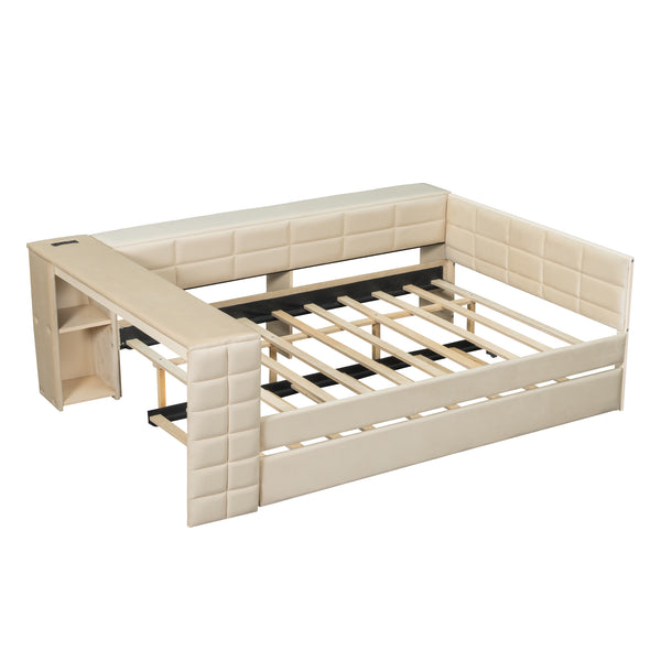 English Elm Full Size Upholstered Platform Bed With Desk, Usb Charging, Trundle & Storage Shelves In Beige Velvet N7090000604A