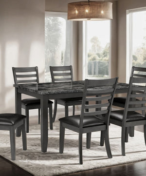 English Elm Simple Classic 7pc Dining Set with Faux Marble Top and Leatherette Chairs for Stylish Gatherings Dark Gray 64 L x 40 W x 15 H B2741P348915